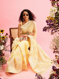Yellow Linen Woven Thread Floral Saree with Unstitched Blouse - Hiral Fashion