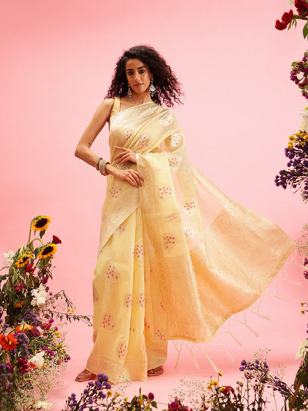 Yellow Linen Woven Thread Floral Saree with Unstitched Blouse - Hiral Fashion
