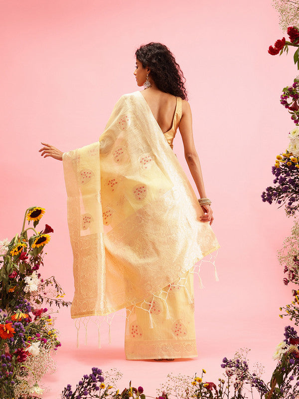 Yellow Linen Woven Thread Floral Saree with Unstitched Blouse - Hiral Fashion