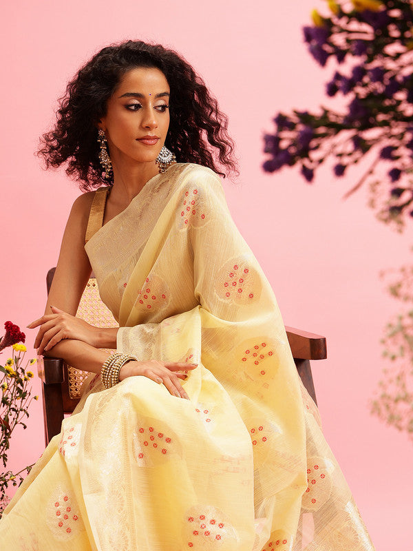 Yellow Linen Woven Thread Floral Saree with Unstitched Blouse - Hiral Fashion