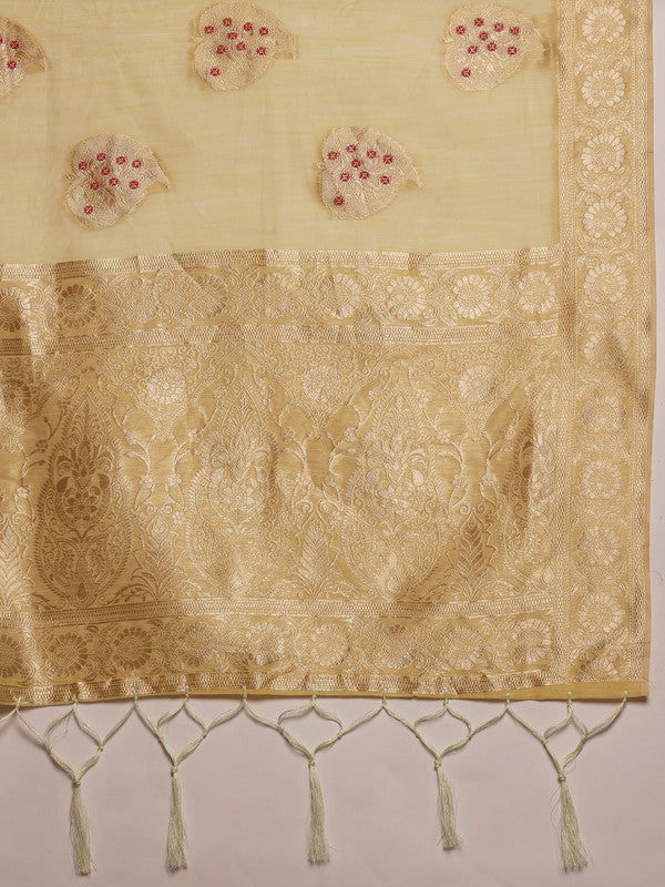 Yellow Linen Woven Thread Floral Saree with Unstitched Blouse - Hiral Fashion