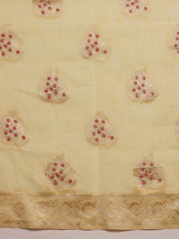 Yellow Linen Woven Thread Floral Saree with Unstitched Blouse - Hiral Fashion