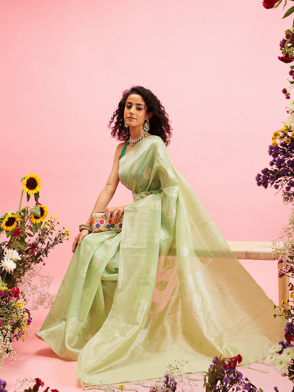 Green Linen Woven Thread Floral Saree with Unstitched Blouse - Hiral Fashion
