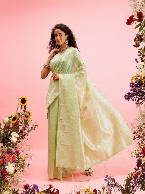Green Linen Woven Thread Floral Saree with Unstitched Blouse - Hiral Fashion