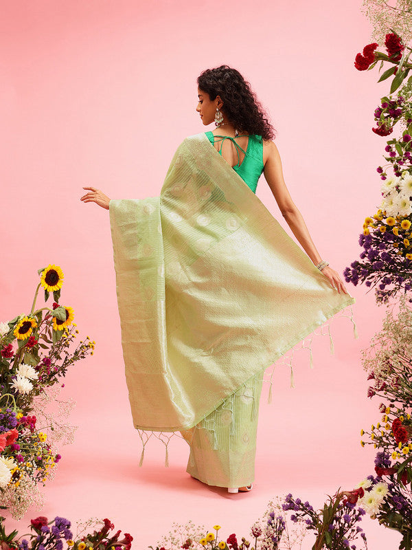Green Linen Woven Thread Floral Saree with Unstitched Blouse - Hiral Fashion