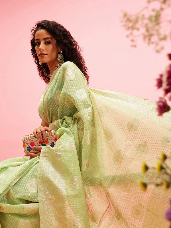 Green Linen Woven Thread Floral Saree with Unstitched Blouse - Hiral Fashion