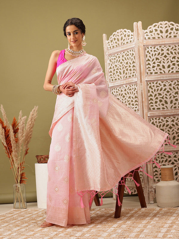 Light Pink Linen Woven Thread Floral Saree with Unstitched Blouse - Hiral Fashion
