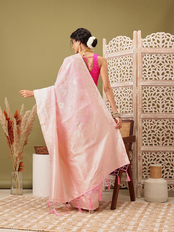 Light Pink Linen Woven Thread Floral Saree with Unstitched Blouse - Hiral Fashion