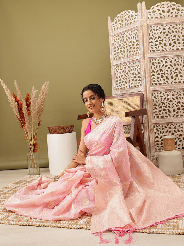 Light Pink Linen Woven Thread Floral Saree with Unstitched Blouse - Hiral Fashion