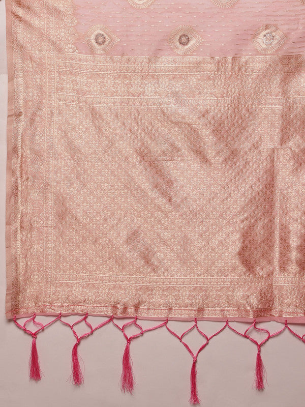 Light Pink Linen Woven Thread Floral Saree with Unstitched Blouse - Hiral Fashion