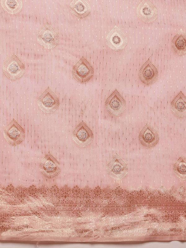 Light Pink Linen Woven Thread Floral Saree with Unstitched Blouse - Hiral Fashion