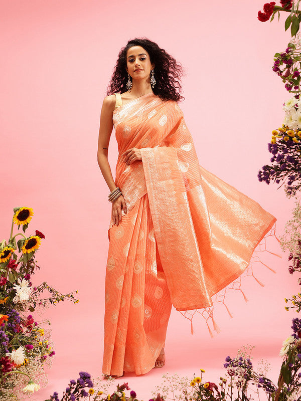 Peach Linen Woven Thread Floral Saree with Unstitched Blouse - Hiral Fashion
