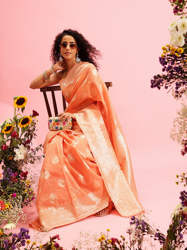 Peach Linen Woven Thread Floral Saree with Unstitched Blouse - Hiral Fashion