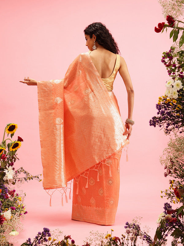 Peach Linen Woven Thread Floral Saree with Unstitched Blouse - Hiral Fashion