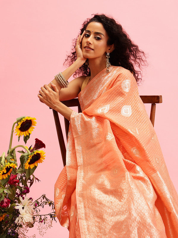 Peach Linen Woven Thread Floral Saree with Unstitched Blouse - Hiral Fashion