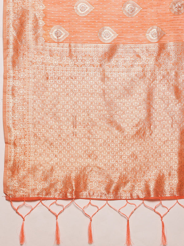 Peach Linen Woven Thread Floral Saree with Unstitched Blouse - Hiral Fashion