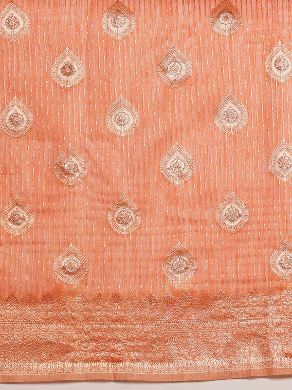 Peach Linen Woven Thread Floral Saree with Unstitched Blouse - Hiral Fashion