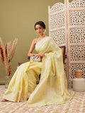 Yellow Linen Woven Thread Floral Saree with Unstitched Blouse - Hiral Fashion