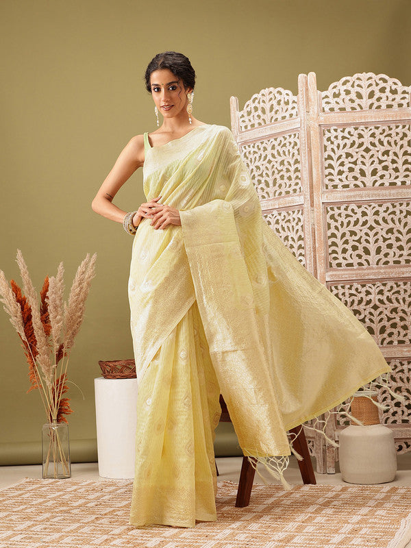 Yellow Linen Woven Thread Floral Saree with Unstitched Blouse - Hiral Fashion