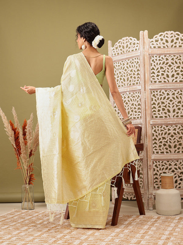 Yellow Linen Woven Thread Floral Saree with Unstitched Blouse - Hiral Fashion