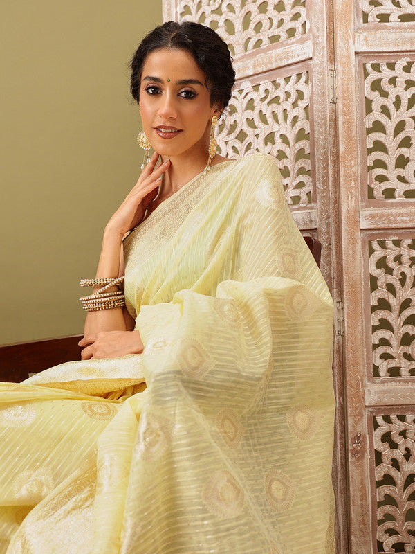Yellow Linen Woven Thread Floral Saree with Unstitched Blouse - Hiral Fashion