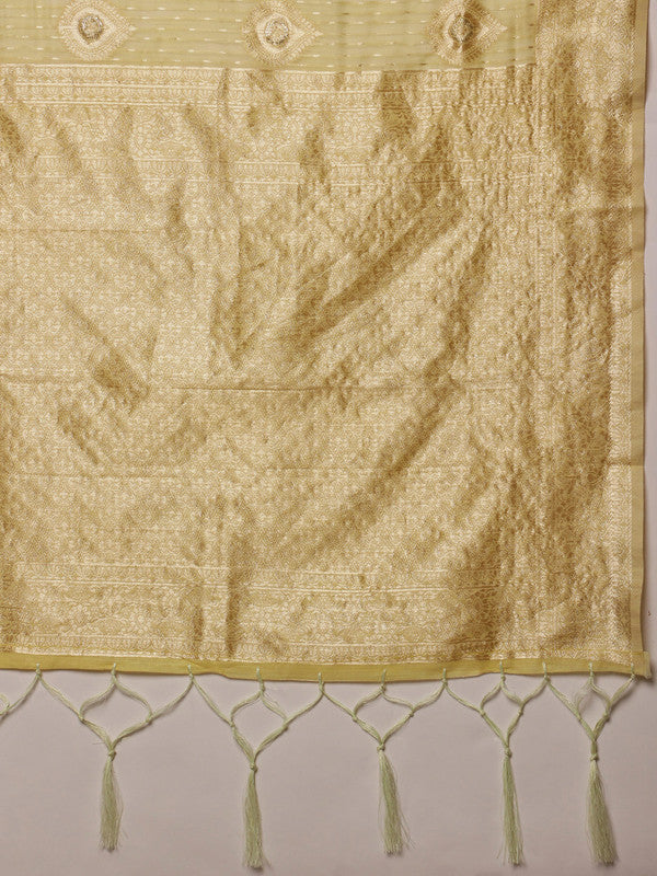 Yellow Linen Woven Thread Floral Saree with Unstitched Blouse - Hiral Fashion