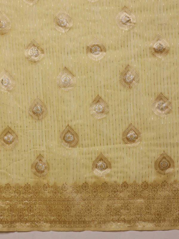 Yellow Linen Woven Thread Floral Saree with Unstitched Blouse - Hiral Fashion