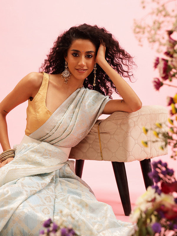 Blue Linen Woven Thread Geomatric Saree with Unstitched Blouse - Hiral Fashion