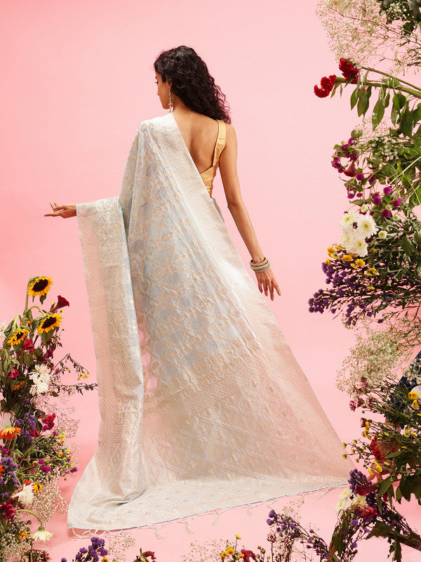 Blue Linen Woven Thread Geomatric Saree with Unstitched Blouse - Hiral Fashion