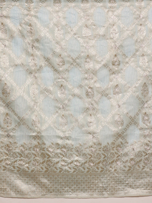 Blue Linen Woven Thread Geomatric Saree with Unstitched Blouse - Hiral Fashion