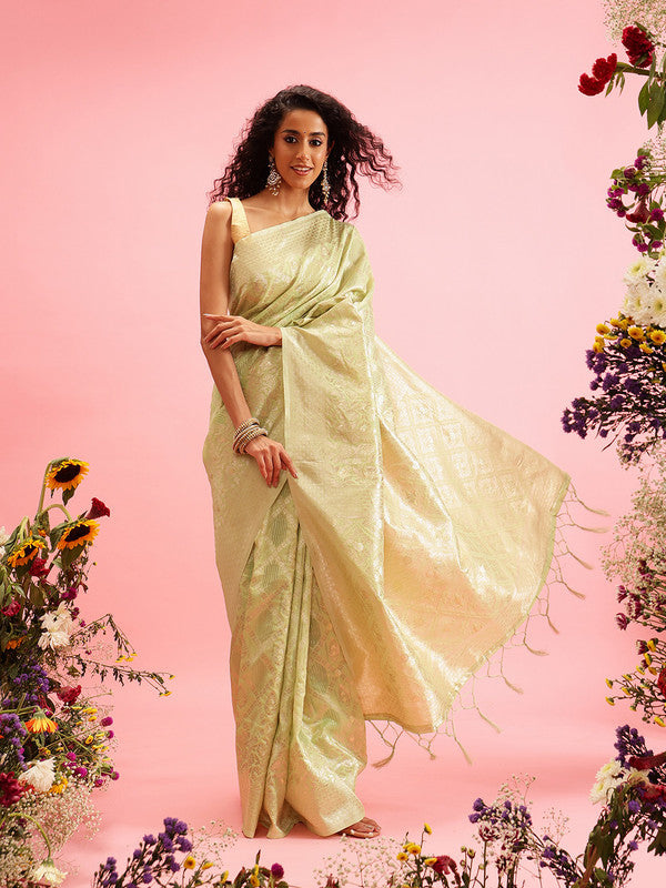 Green Linen Woven Thread Geomatric Saree with Unstitched Blouse - Hiral Fashion