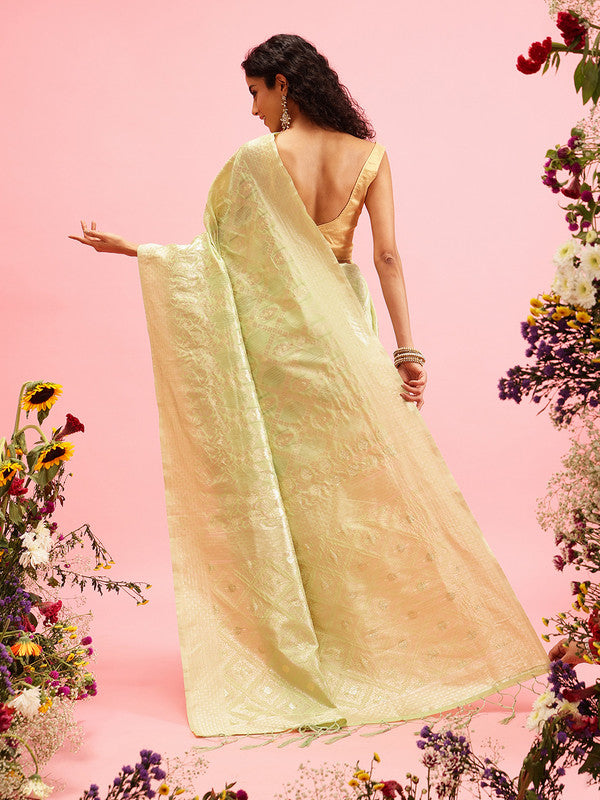 Green Linen Woven Thread Geomatric Saree with Unstitched Blouse - Hiral Fashion
