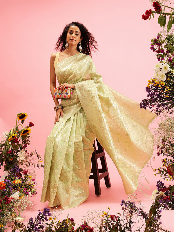 Green Linen Woven Thread Geomatric Saree with Unstitched Blouse - Hiral Fashion
