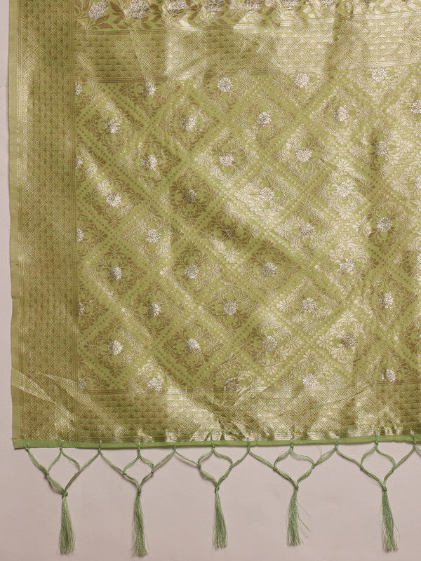 Green Linen Woven Thread Geomatric Saree with Unstitched Blouse - Hiral Fashion