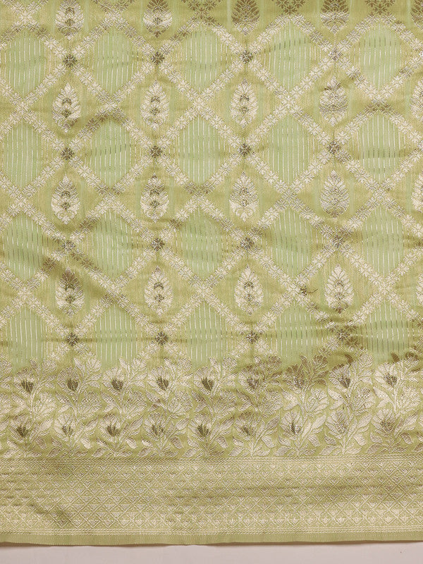 Green Linen Woven Thread Geomatric Saree with Unstitched Blouse - Hiral Fashion