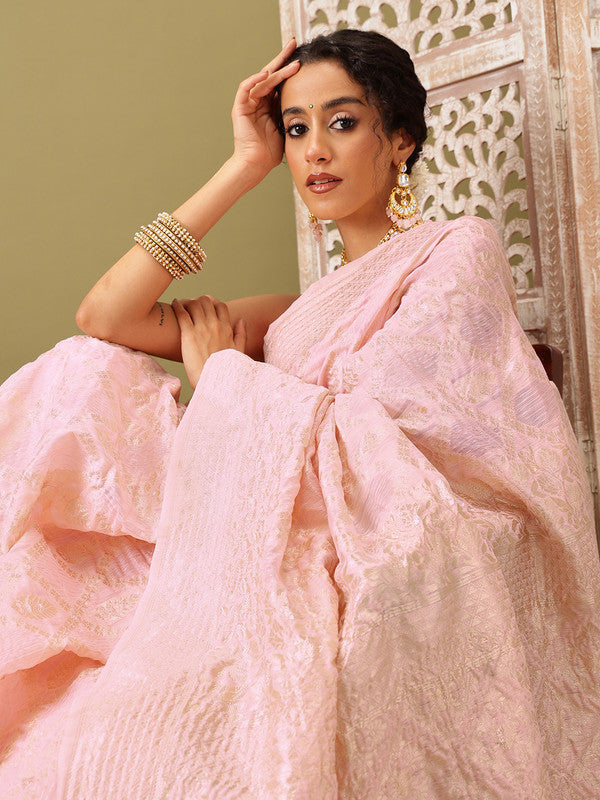 Light Pink Linen Woven Thread Geomatric Saree with Unstitched Blouse - Hiral Fashion