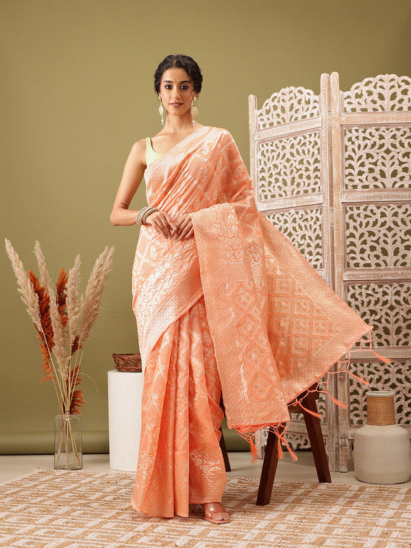 Peach Linen Woven Thread Geomatric Saree with Unstitched Blouse - Hiral Fashion