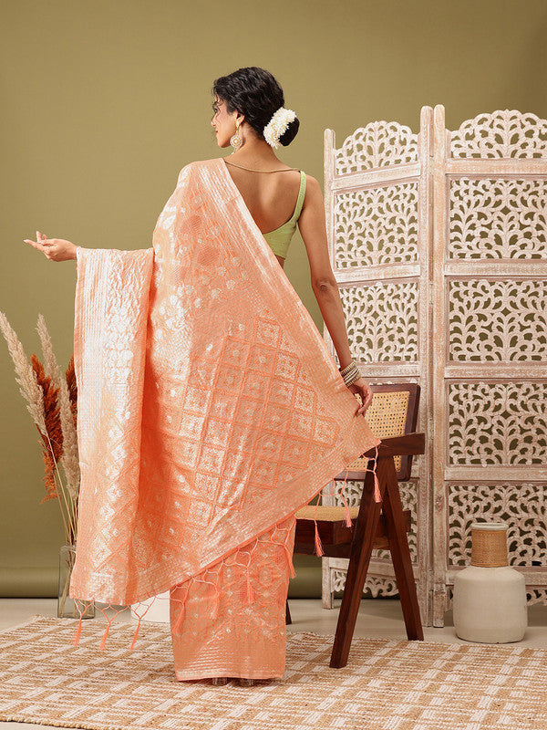Peach Linen Woven Thread Geomatric Saree with Unstitched Blouse - Hiral Fashion