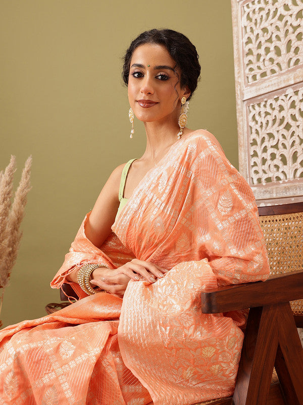 Peach Linen Woven Thread Geomatric Saree with Unstitched Blouse - Hiral Fashion
