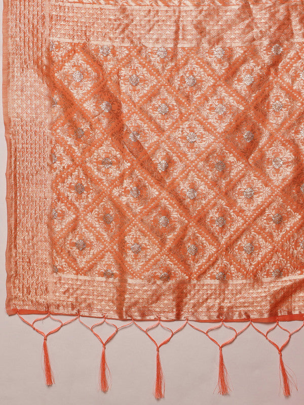 Peach Linen Woven Thread Geomatric Saree with Unstitched Blouse - Hiral Fashion