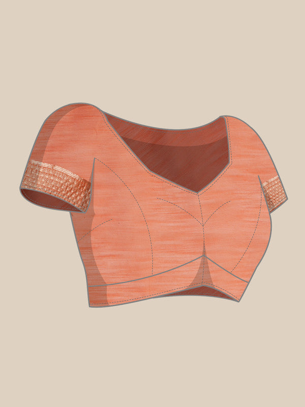 Peach Linen Woven Thread Geomatric Saree with Unstitched Blouse - Hiral Fashion