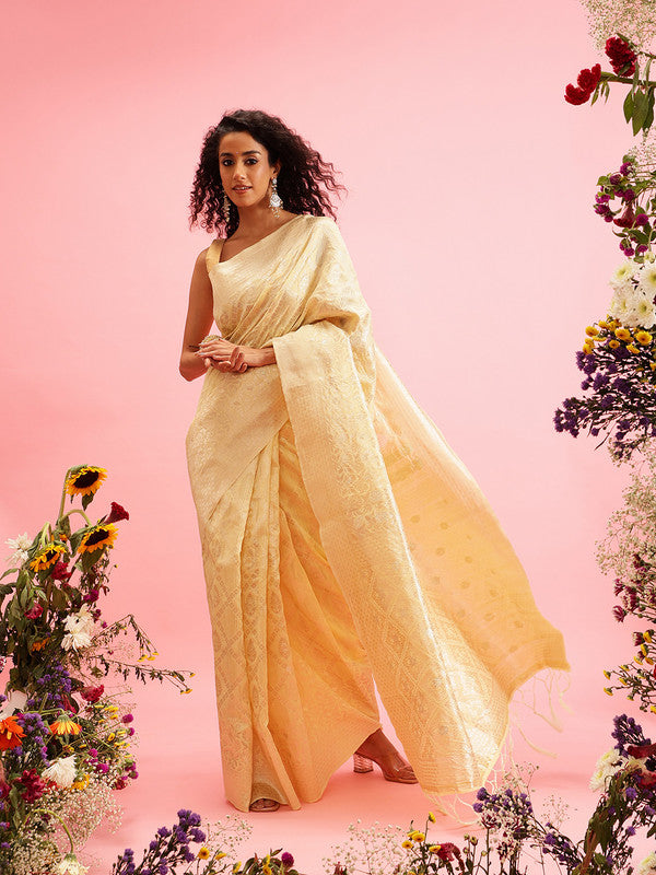 Yellow Linen Woven Thread Geomatric Saree with Unstitched Blouse - Hiral Fashion