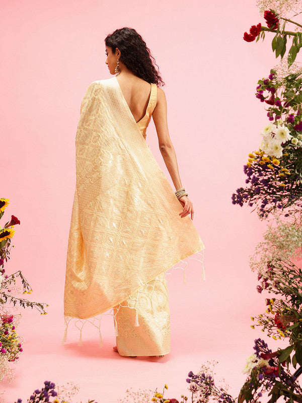 Yellow Linen Woven Thread Geomatric Saree with Unstitched Blouse - Hiral Fashion