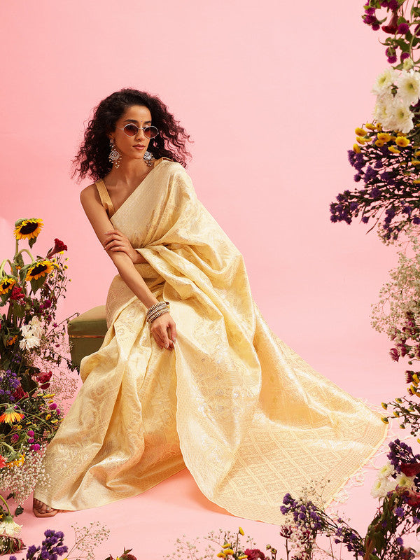 Yellow Linen Woven Thread Geomatric Saree with Unstitched Blouse - Hiral Fashion