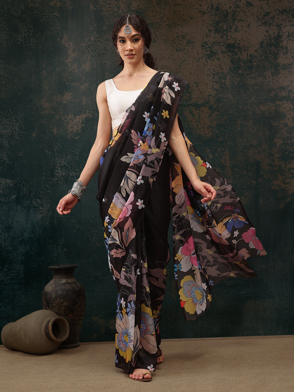 Black Polyester Digital Print Floral Saree with Unstitched Blouse - Hiral Fashion