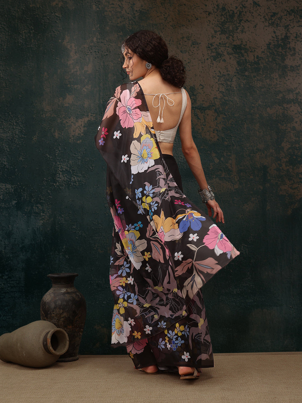 Black Polyester Digital Print Floral Saree with Unstitched Blouse - Hiral Fashion