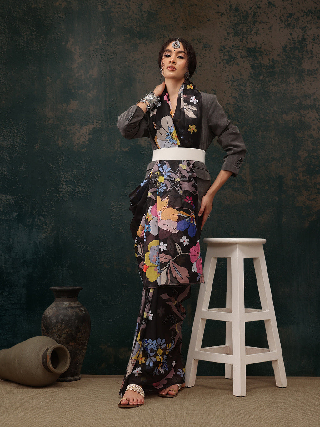 Black Polyester Digital Print Floral Saree with Unstitched Blouse - Hiral Fashion