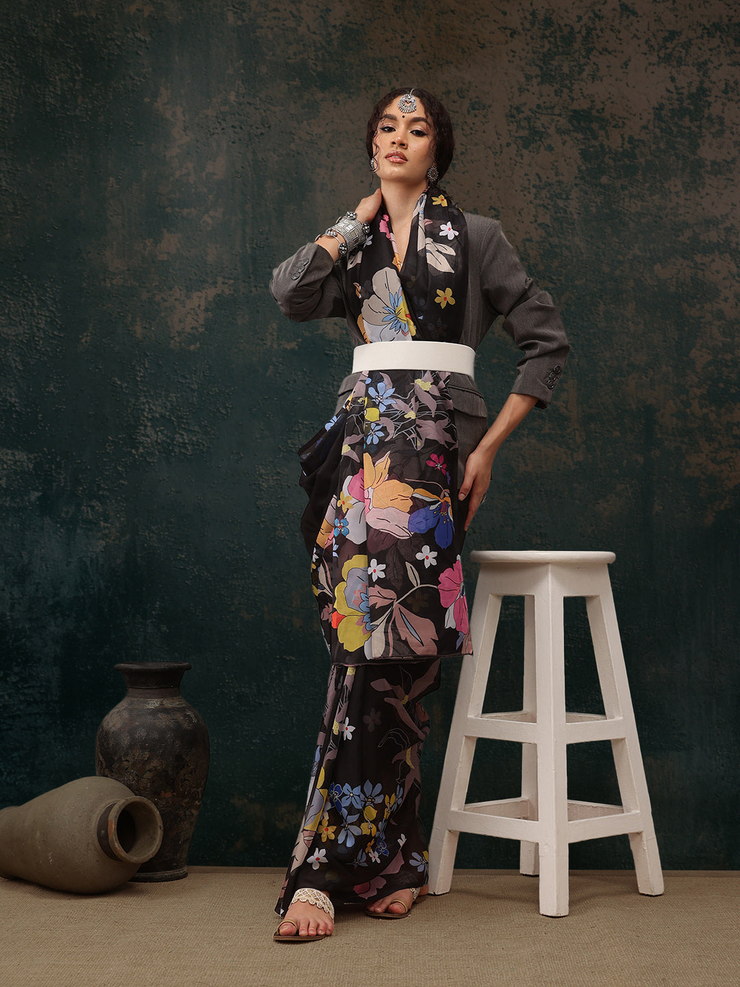 Black Polyester Digital Print Floral Saree with Unstitched Blouse - Hiral Fashion