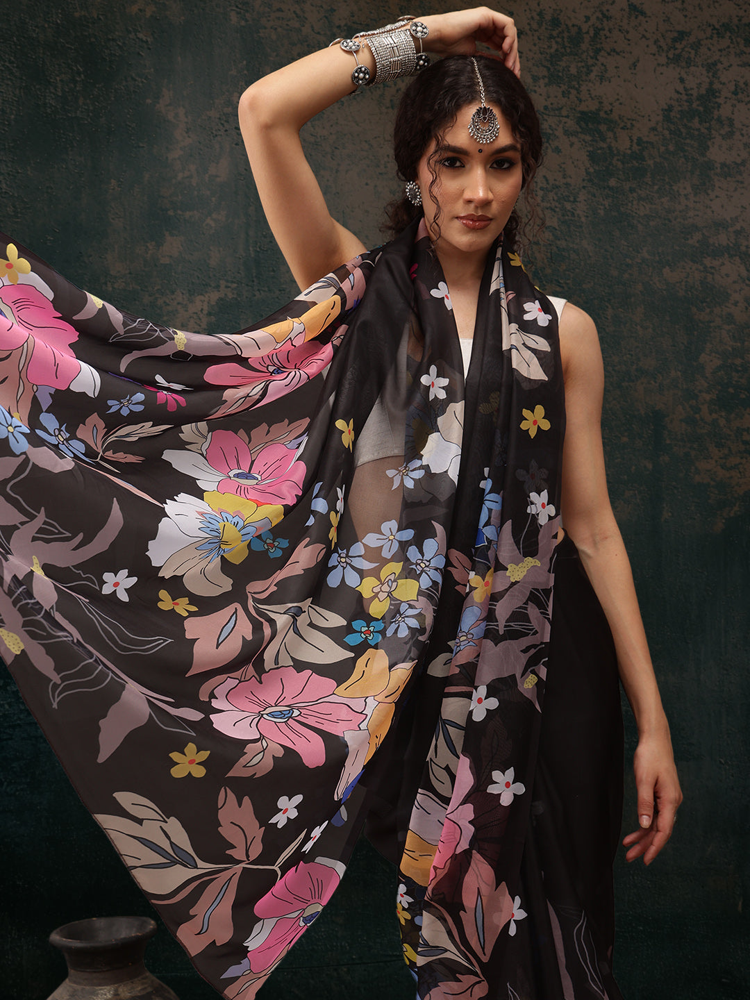 Black Polyester Digital Print Floral Saree with Unstitched Blouse - Hiral Fashion