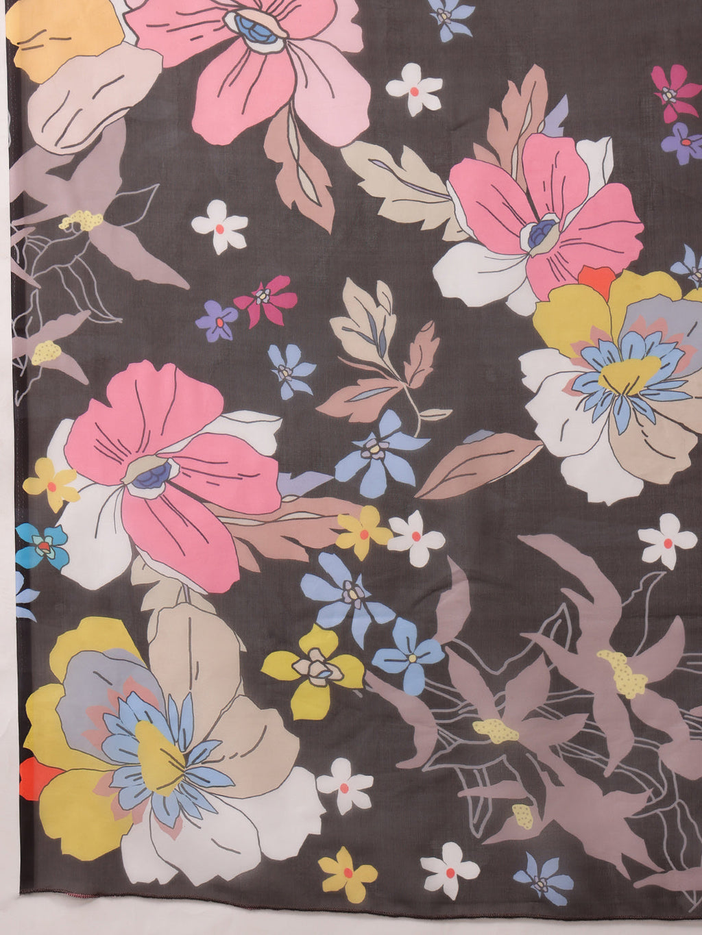 Black Polyester Digital Print Floral Saree with Unstitched Blouse - Hiral Fashion